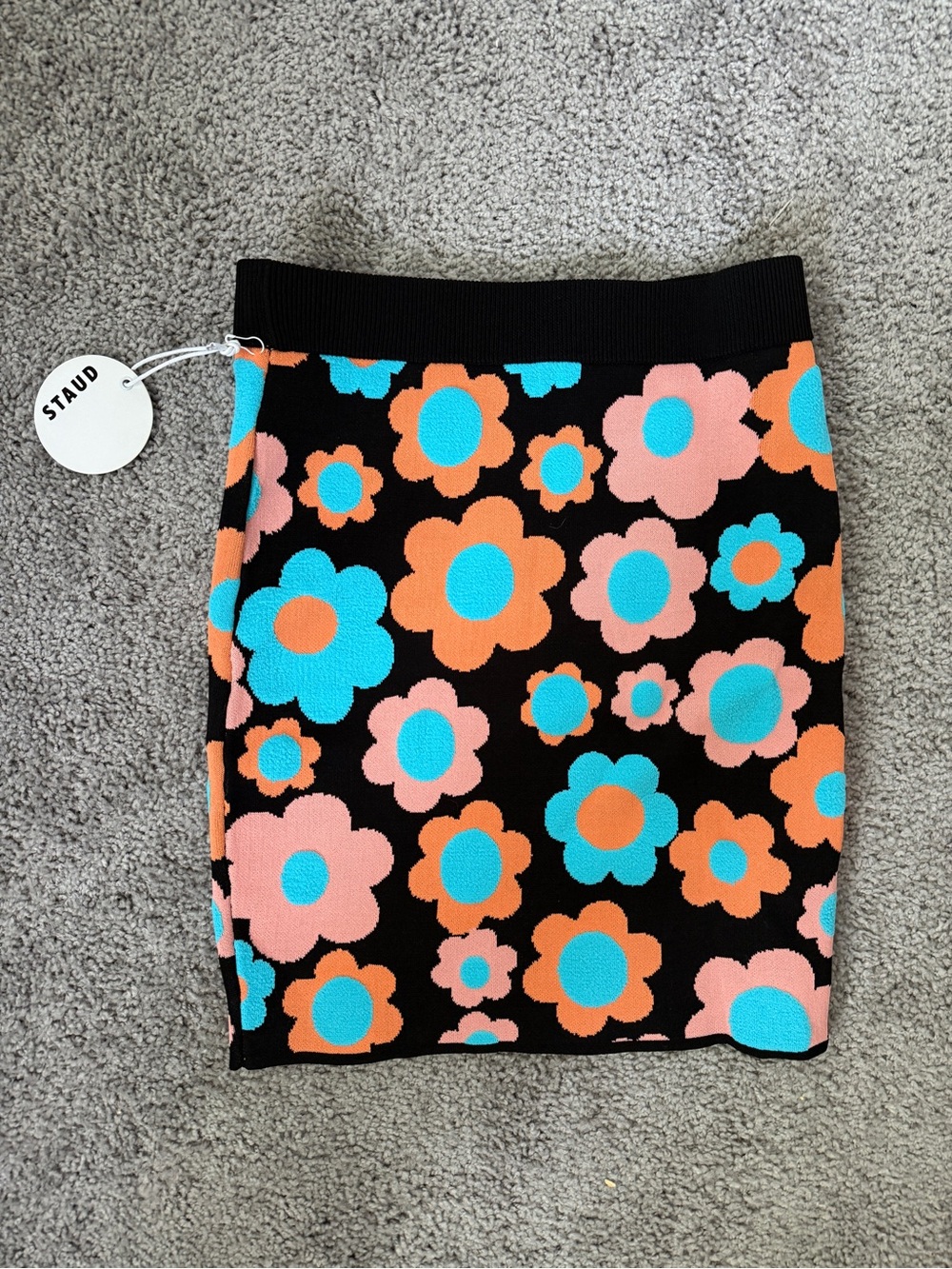 STAUD Black Mini Skirt with Coral & Aqua Daisy Knit